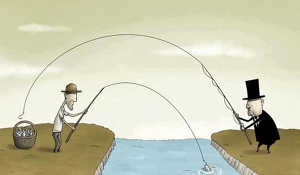 Animated picture depicting the central problem of Money distribution in Capitalism. Poor man fishes from the river and collects fish on the shore. Rich man on the other side of the river fishes from the poor man's catch.