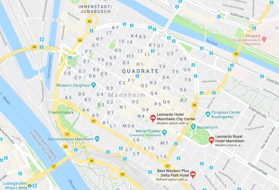 Mannheim city center map with a lot of blocks