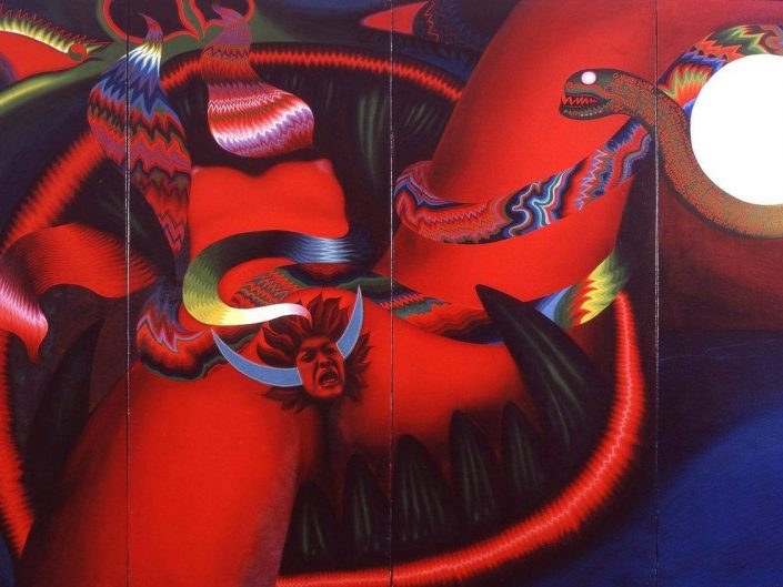 Symbolic artwork by Andrzej Urbanowicz. Abstract painting depicting the groin, devils, serpents