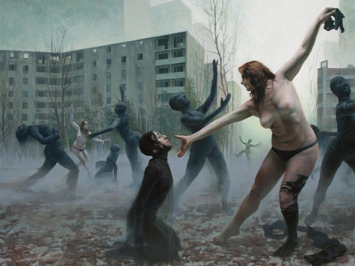Oil painting by Michał Powałka - Popiół depicting woman in a dance move uncovering faces of stiff figures of men behind the masks.