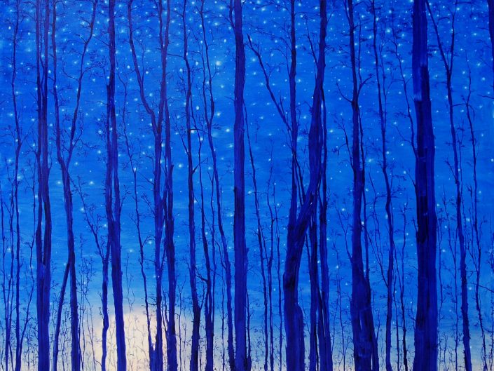 Painting by Rafał Borcz of treetops behind the starry sky