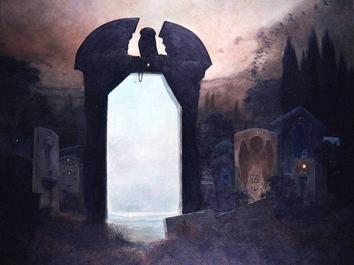 Work of Zdzisław Beksiński depicting a dark atmopshere with an arc in the middle those inside is bright