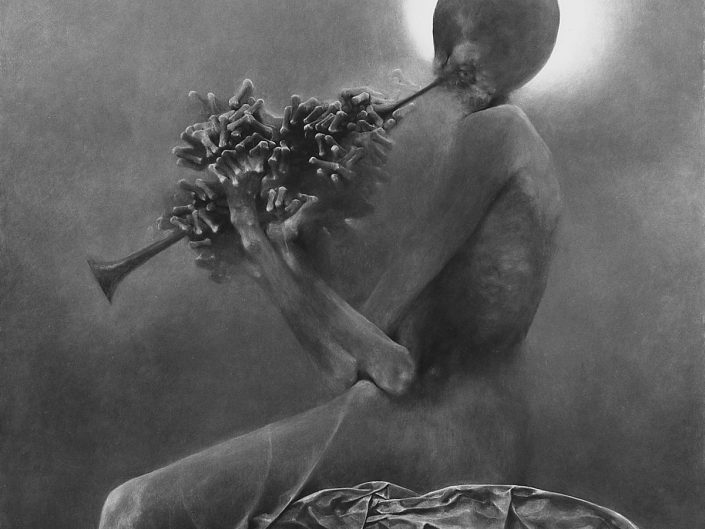 Zdzisław Beksiński painting of flute player with countless of fingers or bone structures on the instrument