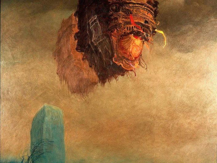 Genius of Beksinski strikes again with floating human like head depicted as a floating structure