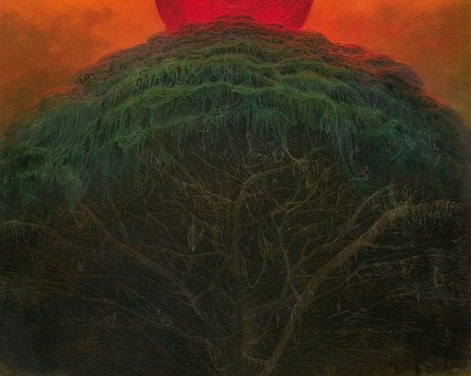 Zdzisław Beksiński painting of tree with red moon above it
