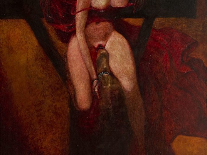 Explicit painting by Zdzisław Beksiński. Naked woman getting eaten by devil like figure.