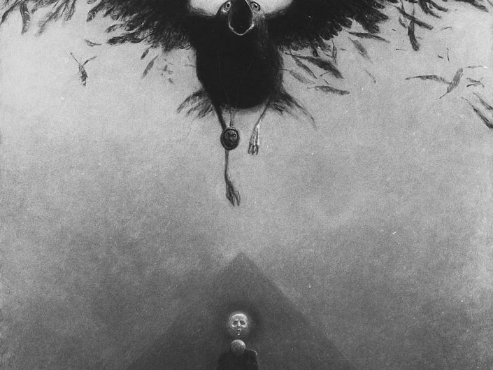 Dark art painting by Zdzisław Beksiński depicting Black crow with neclace flying over a running person