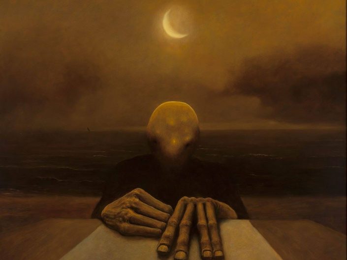 Zdzisław Beksiński work - faceless person with hands on the table in front of dice. A sea and moonshine behind.
