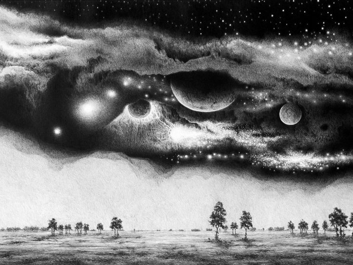 Pencil painting of Łukasz Solecki - Szczeliny z cyklu Kosmos 2015. Dark sky and apparent cosmos injecting daytime.
