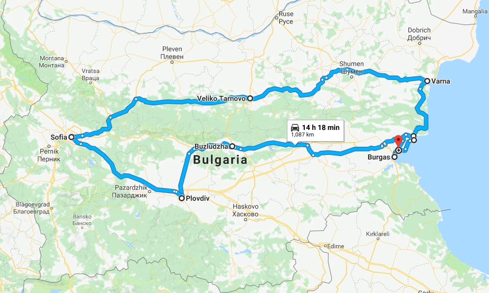 screenshot of google maps with travel route in Bulgaria
